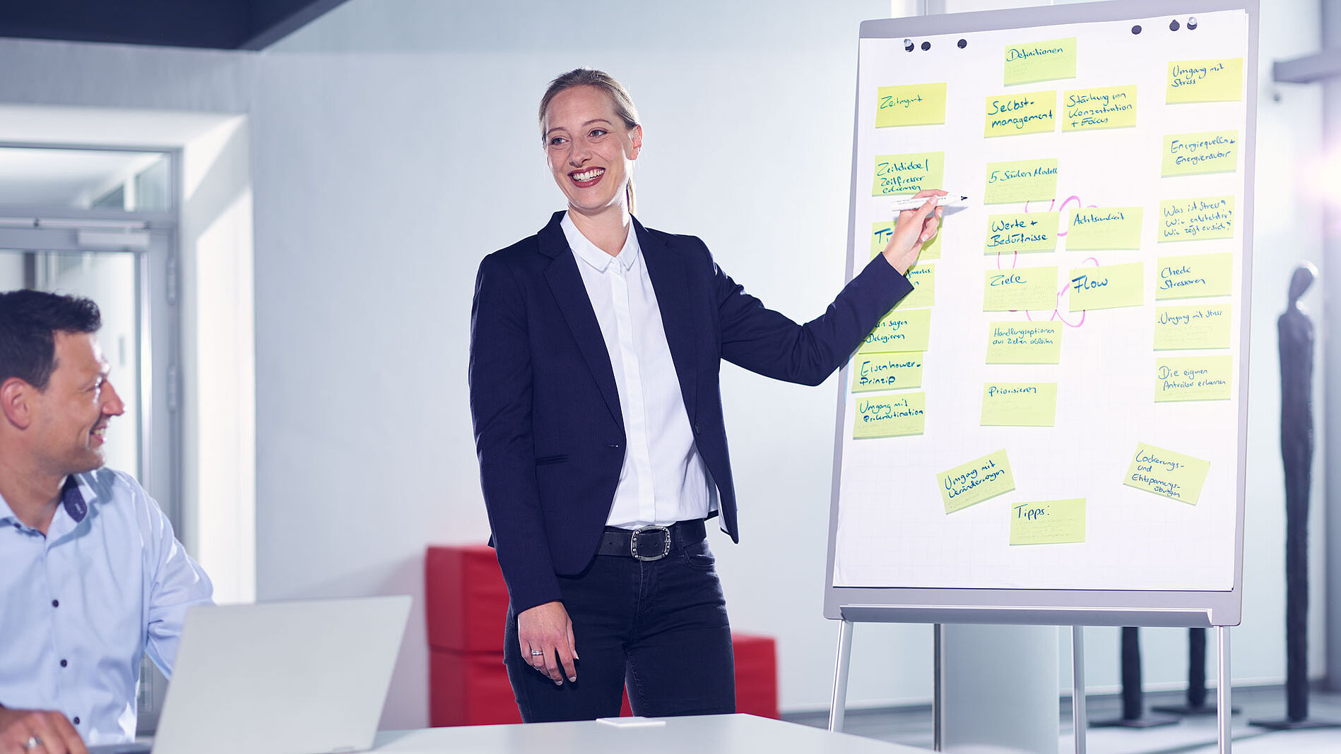ibo als Partner für Unternehmen Beraterin von ibo hält einen Vortrag am Flipchart für Interessenten