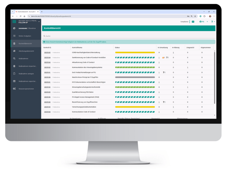 Prüfungsübersicht und Umsetzungsmeldungen, übersichtlicher Status der Maßnahmen in ibo Audit Follow-up