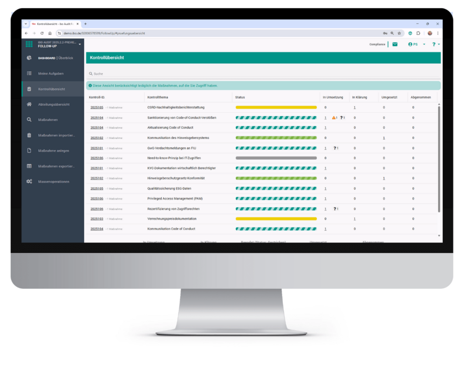 Prüfungsübersicht und Umsetzungsmeldungen, übersichtlicher Status der Maßnahmen in ibo Audit Follow-up