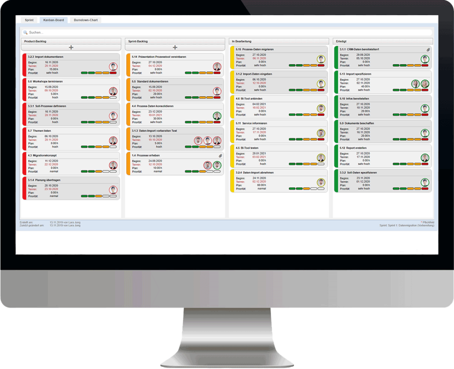 Agiles Projektmanagement mit Projektmanagement Software Übersicht am PC von Kanban Board ibo netProject Software für Projektmanagement