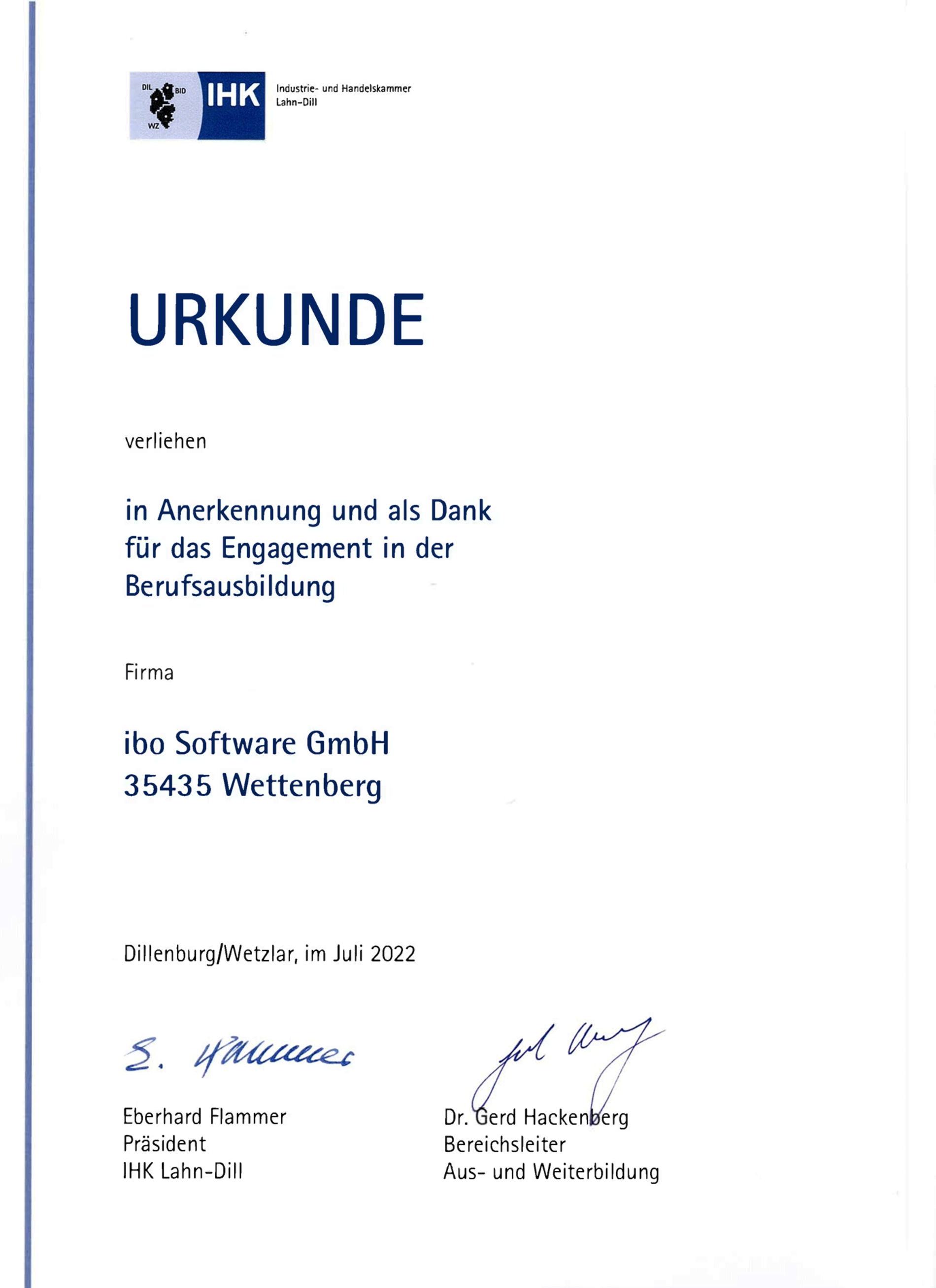 IHK Urkunde in Anerkennung und als Dank für das Engagement in der Berufsausbildung für die Firma ibo Software GmbH in 35435 Wettenberg