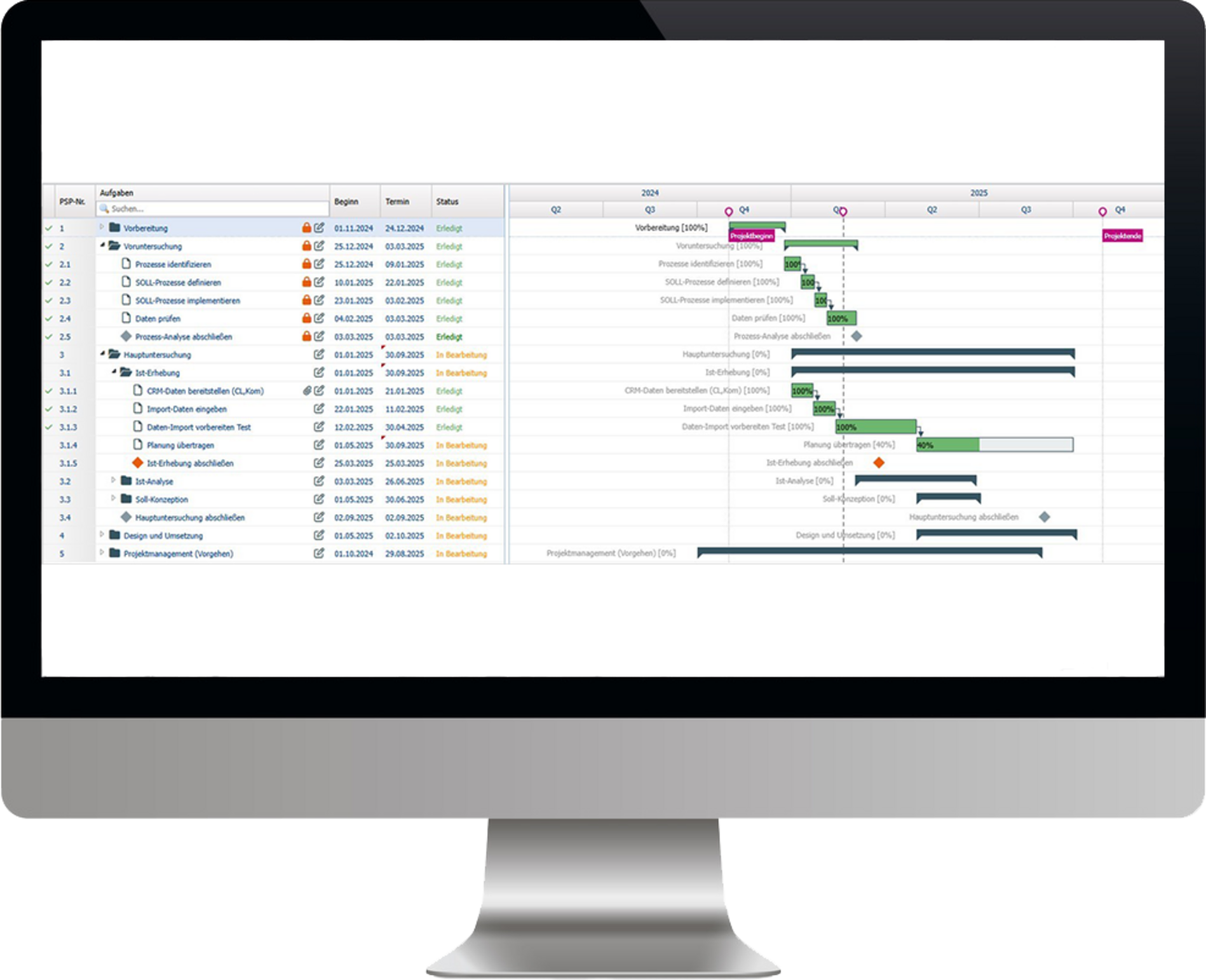 Übersicht am PC von Gantt Diagramm der ibo netProject Software für Projektmanagement